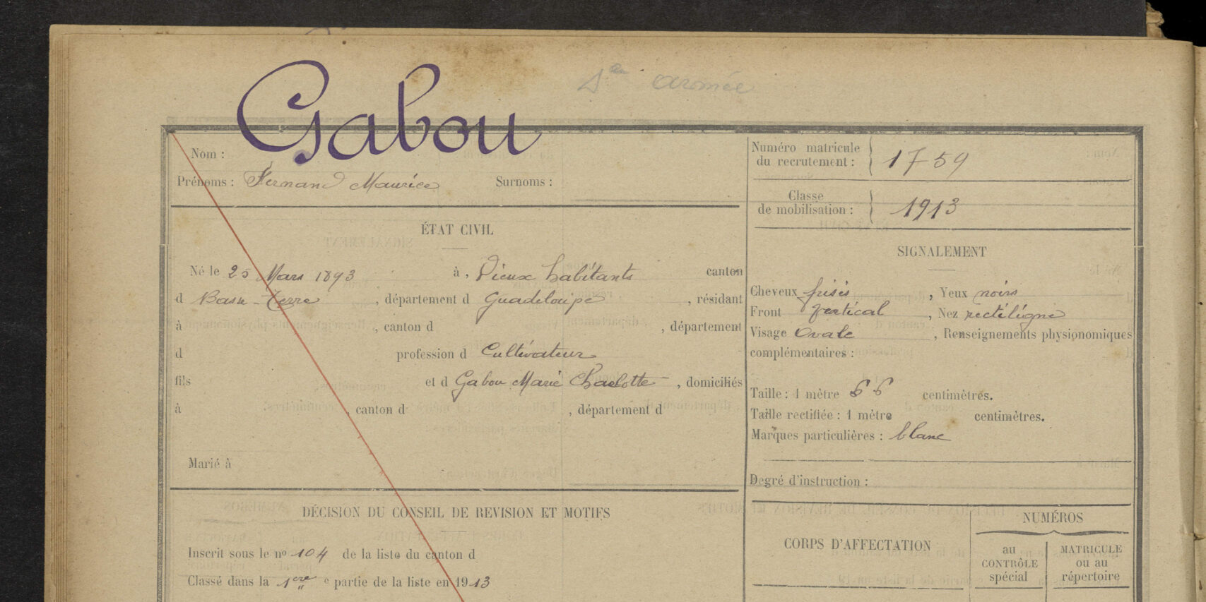 feuillet_maurice_gabou_FRAD971_1R086_133_C Registre matricule GABOU