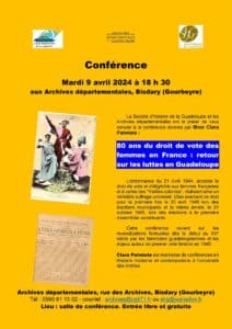 [CONFERENCE] Mardi 9 avril 2024 à 18 h 30 - 80 ans du droit de vote des femmes  :  les luttes en Guadeloupe